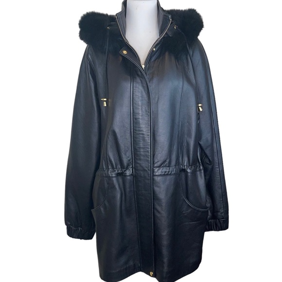 Worthington Leather Coat Fur Lined Hood Drawstring Waist - Picture 1 of 17